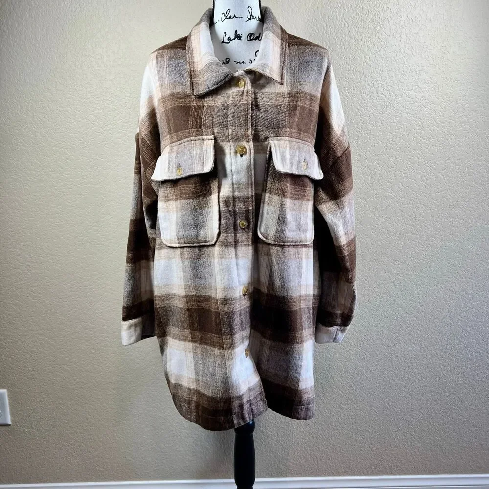 Banana Republic Brown Brushed Flannel Plaid Jacket Shacket  baddie size XXL
